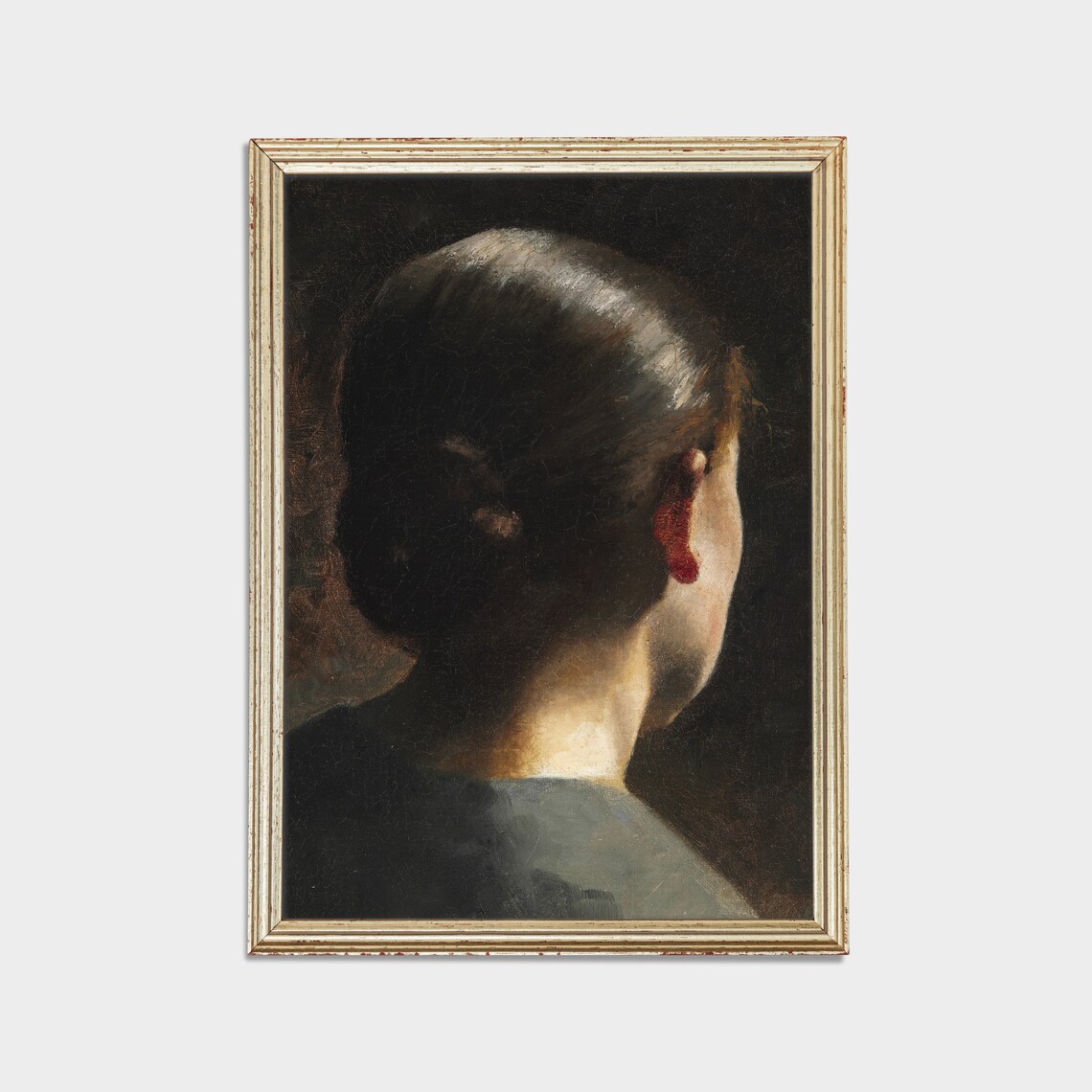 Back View Of Woman With Dark Bun And Red Earring Dark Portrait Poster - Image 2