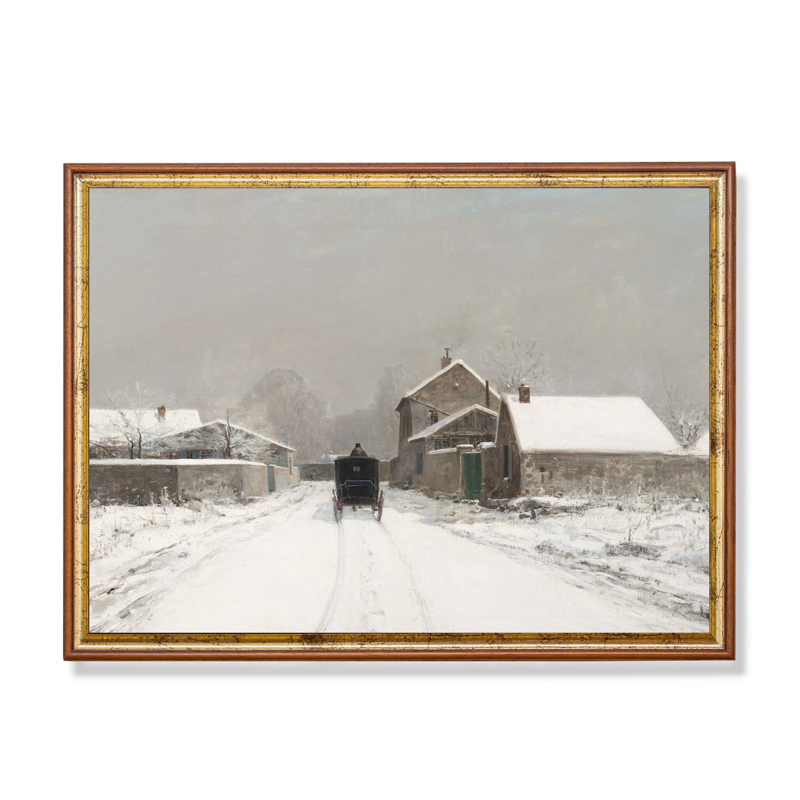 Horse Carriage on a Snowy Village Street Vintage Winter Scene Poster