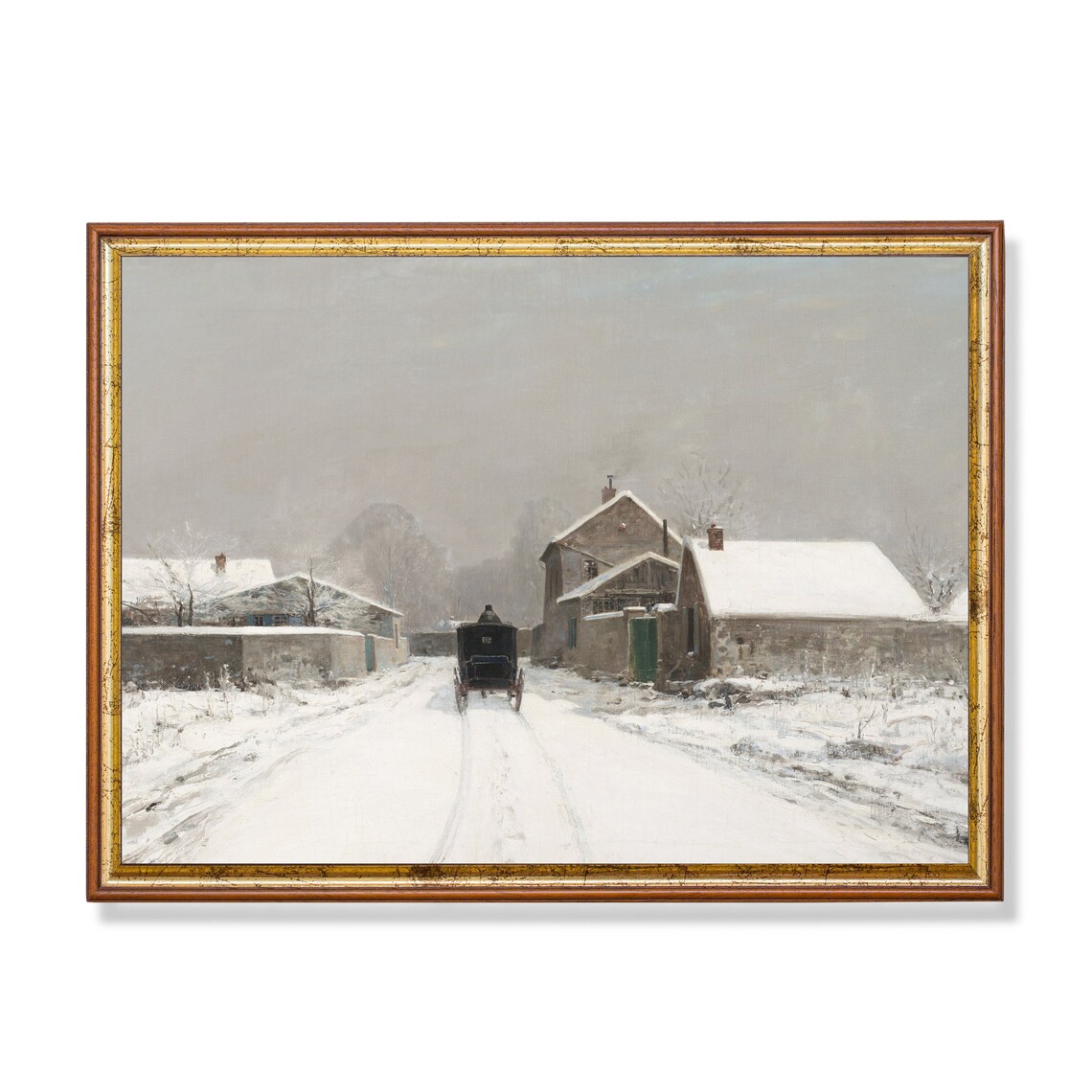 Horse-Drawn Carriage on a Snowy Village Road Quiet Winter Poster