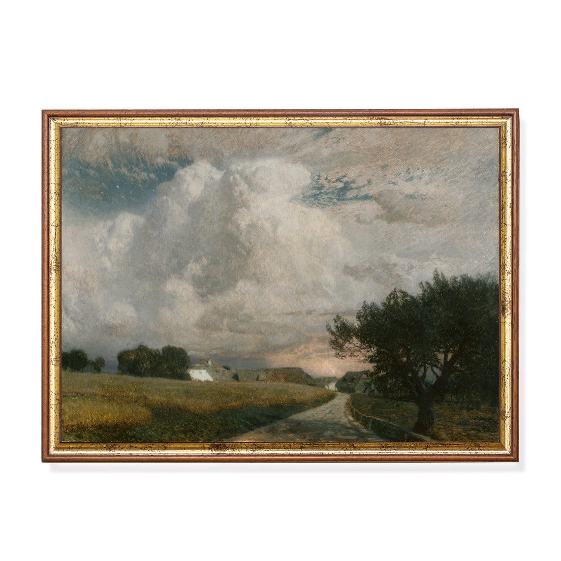 Country Road Under Dramatic Cloudy Sky Vintage Landscape Art Print