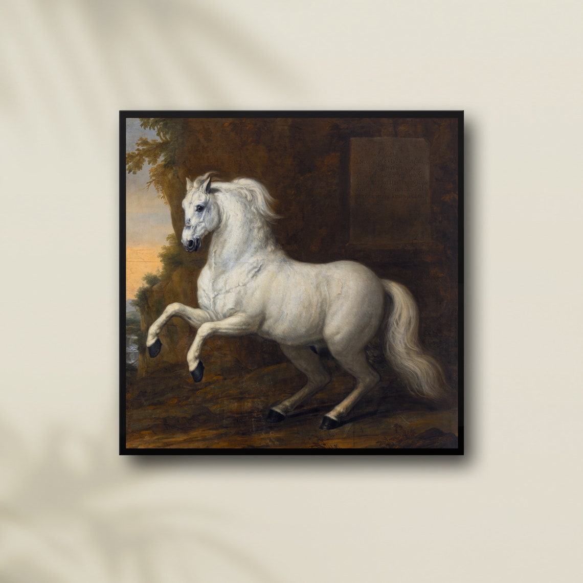White Horse Rearing at Sunset Beside an Inscribed Stone Poster - Image 2