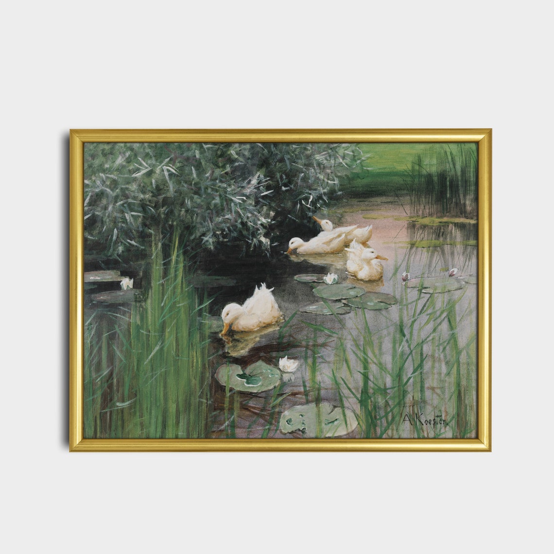 White Ducks in a Lily Pond Vintage Water Bird Painting Poster - Image 5