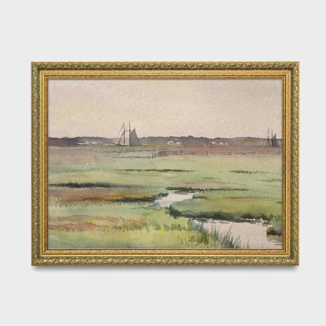 Watercolor Coastal Marsh Painting Muted Sailboats Antique Wall Art - Image 2