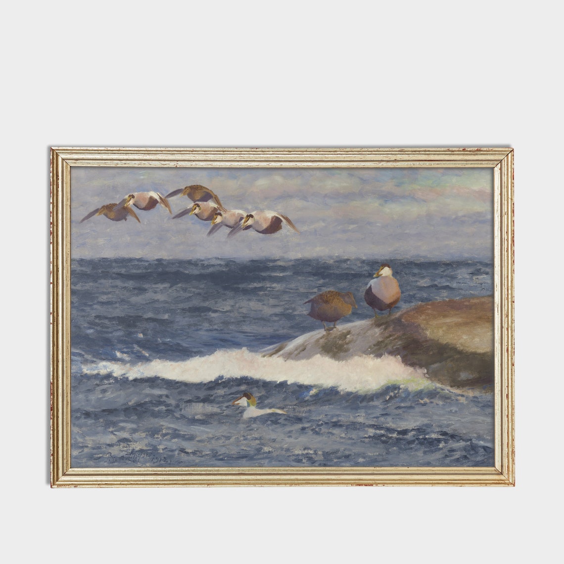 Eider Ducks Flying and Resting Over a Rough Sea Vintage Poster - Image 3