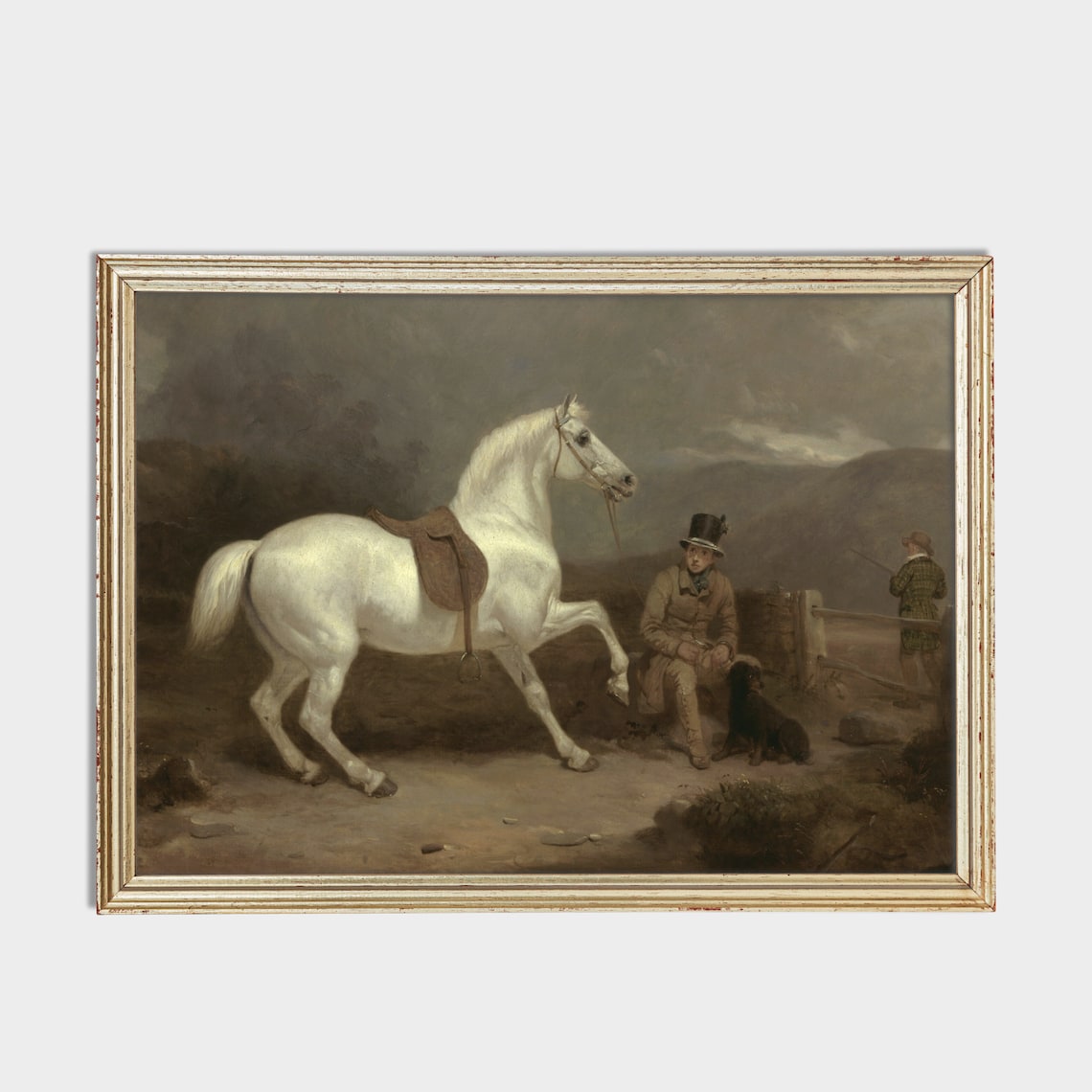 Vintage Equestrian Painting of a White Horse With a Rider Poster - Image 4