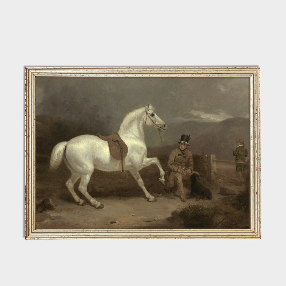 White Horse Prancing Before Seated Gentleman Antique Oil Poster - Image 2