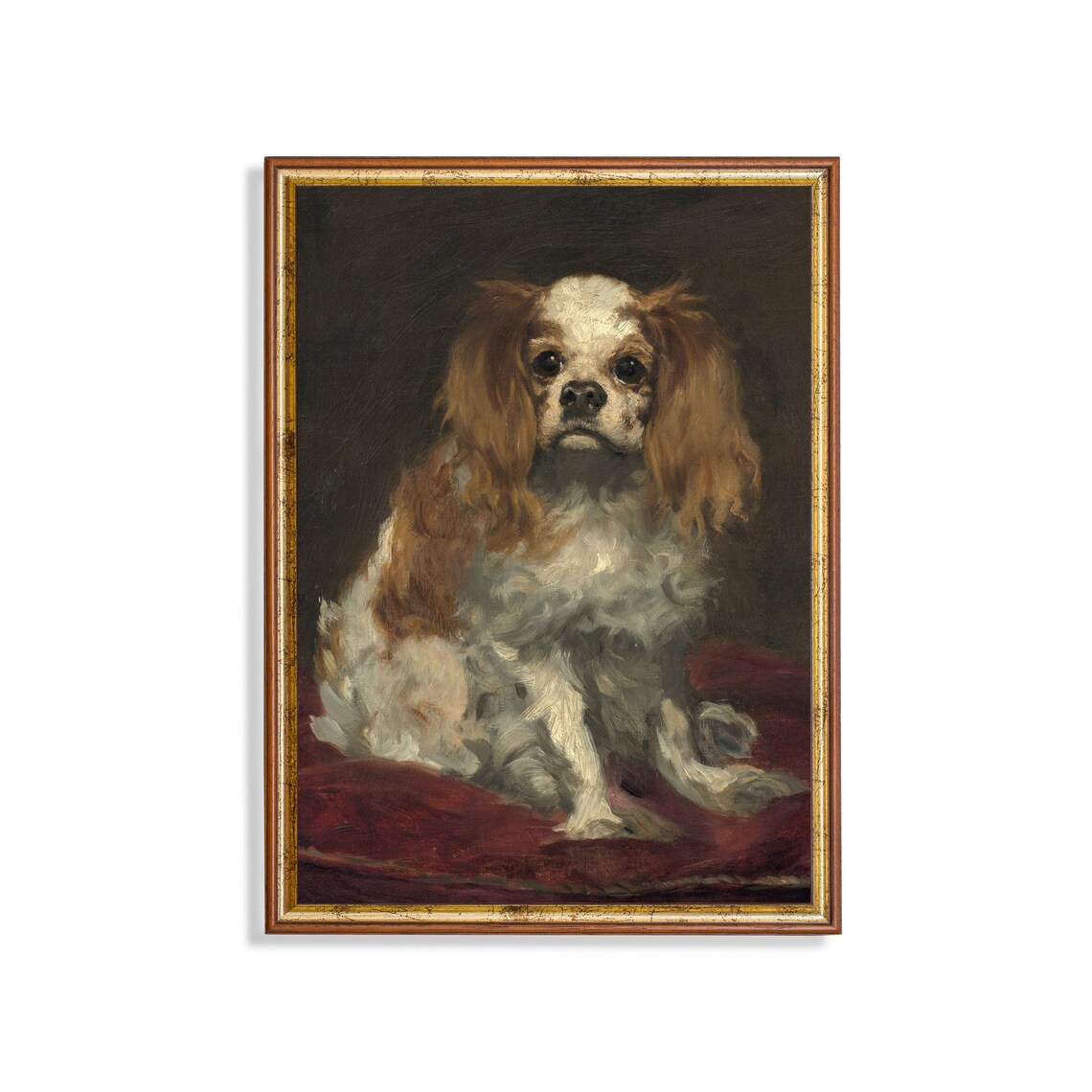 Spaniel Puppy on a Red Cushion Antique Dog Oil Portrait Poster