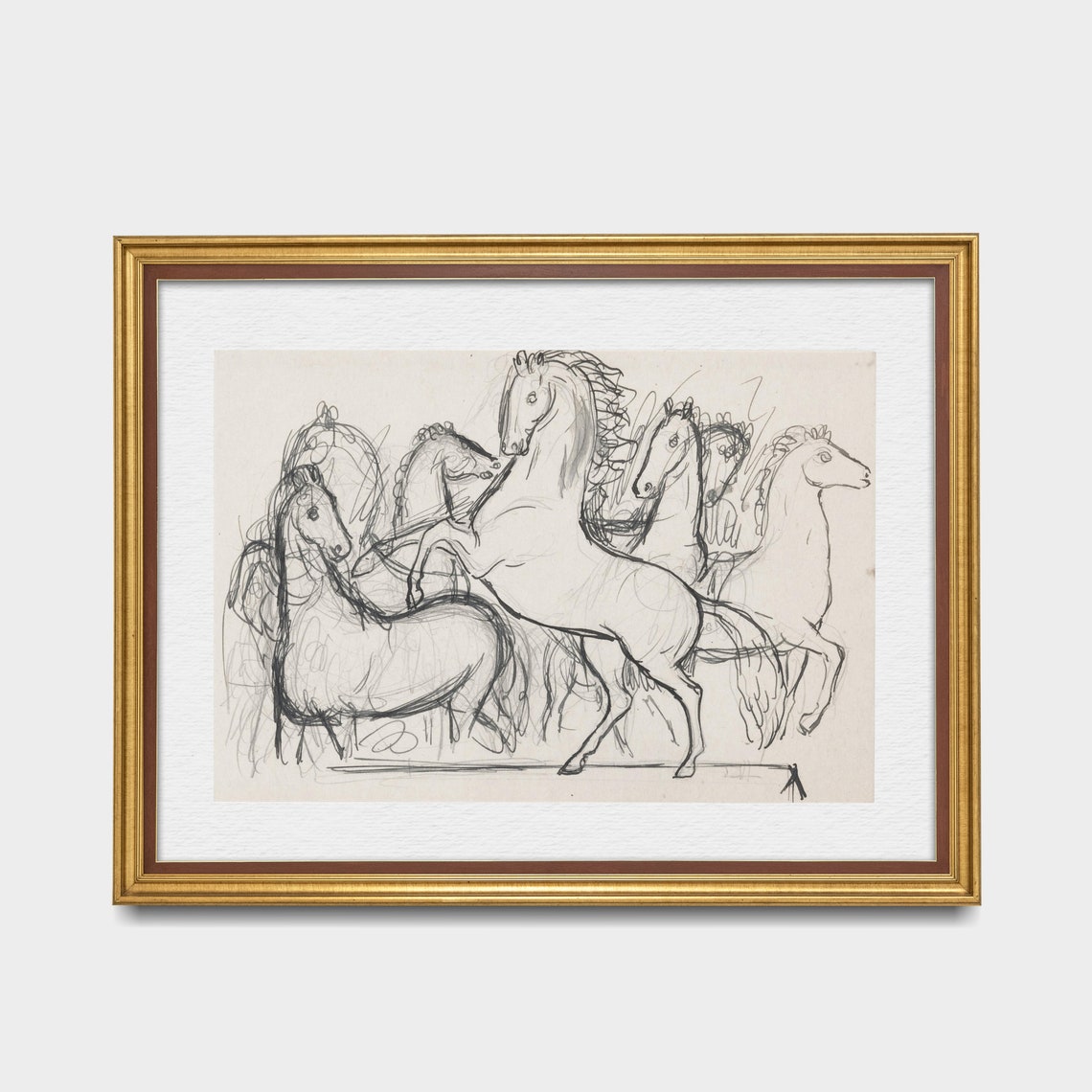 Rearing Stallion Herd Pencil Sketch Vintage Horse Study Poster - Image 2