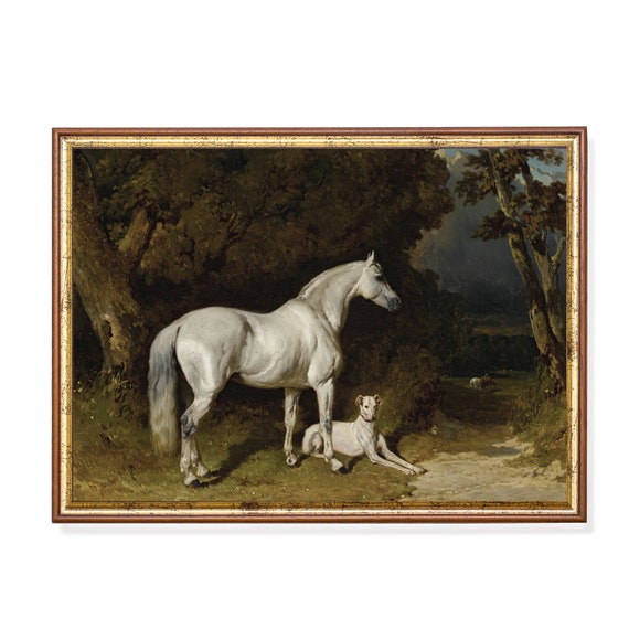 Print And Ship Vintage Horse Painting Antique Horse And Dog Print Moody Rustic Animals Artwork Mailed Art Farmhouse Decor Fine Art