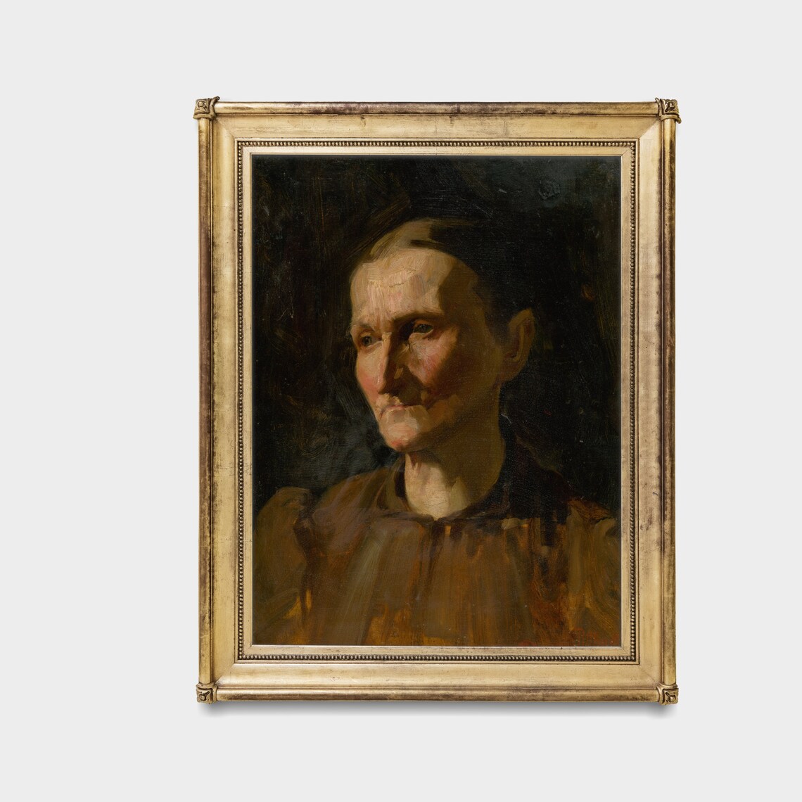 Elderly Woman in a Brown Dress Emerging from a Dark Ground Portrait Poster - Image 3