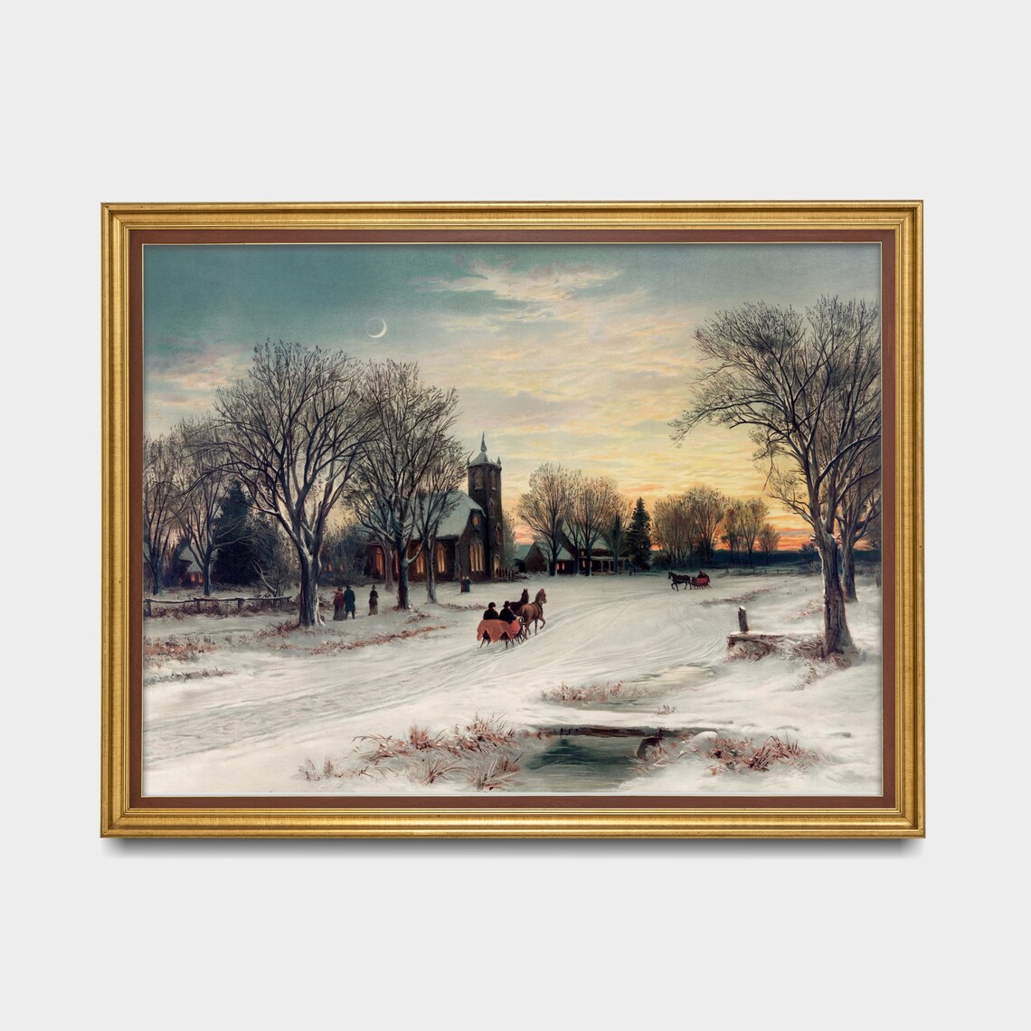 Snowy Village Church at Dusk with Sleighs Vintage Winter Scene Poster - Image 3