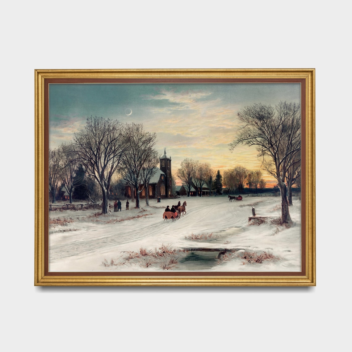 Village Church in Snow at Sunset with Horse Sleigh Winter Poster - Image 3