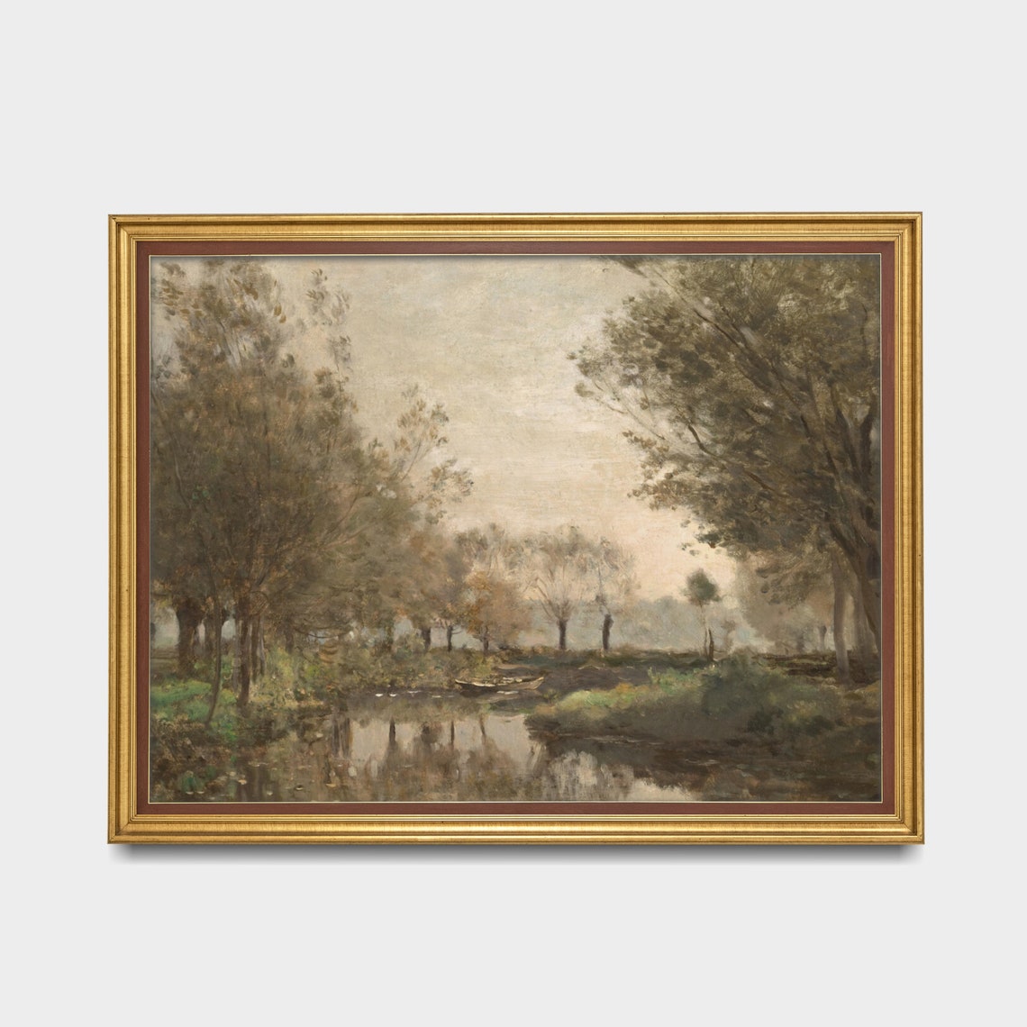Tree-Lined River With a Small Wooden Boat Antique Landscape Poster - Image 3