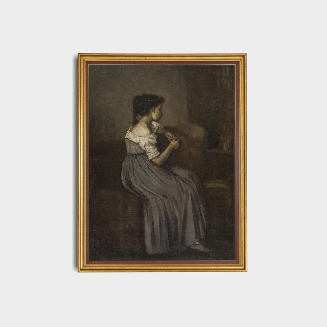 Young Woman Sewing in a Dark Interior Antique Genre Portrait Poster - Image 2