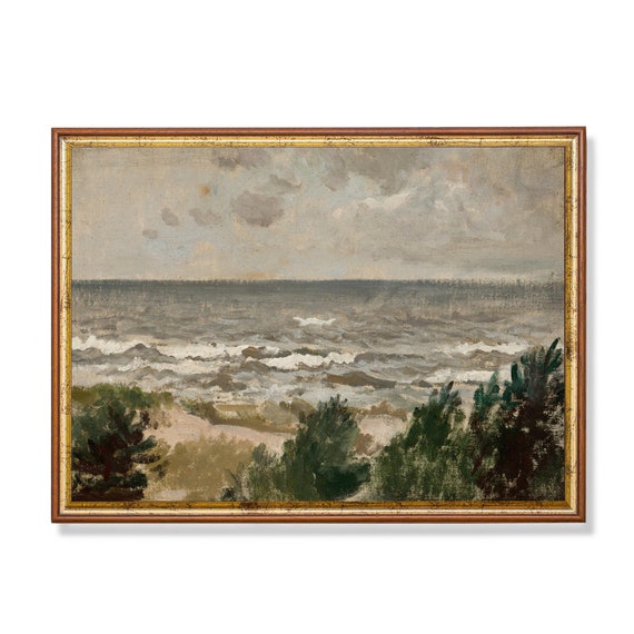 Vintage Coastal Painting Antique Ocean Seascape Print Rustic Moody Painting Wall Art 18th Century Art