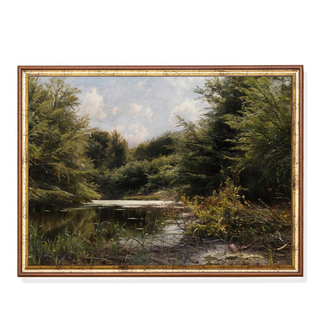 Vintage Landscape Painting, Rustic Lake House Art Print