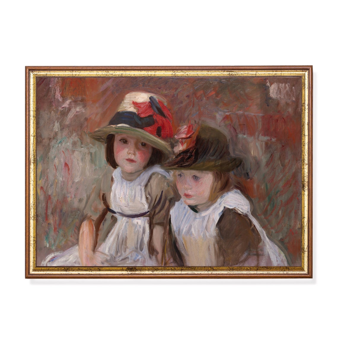 Two Young Girls in Feathered Hats Impressionist Portrait Poster