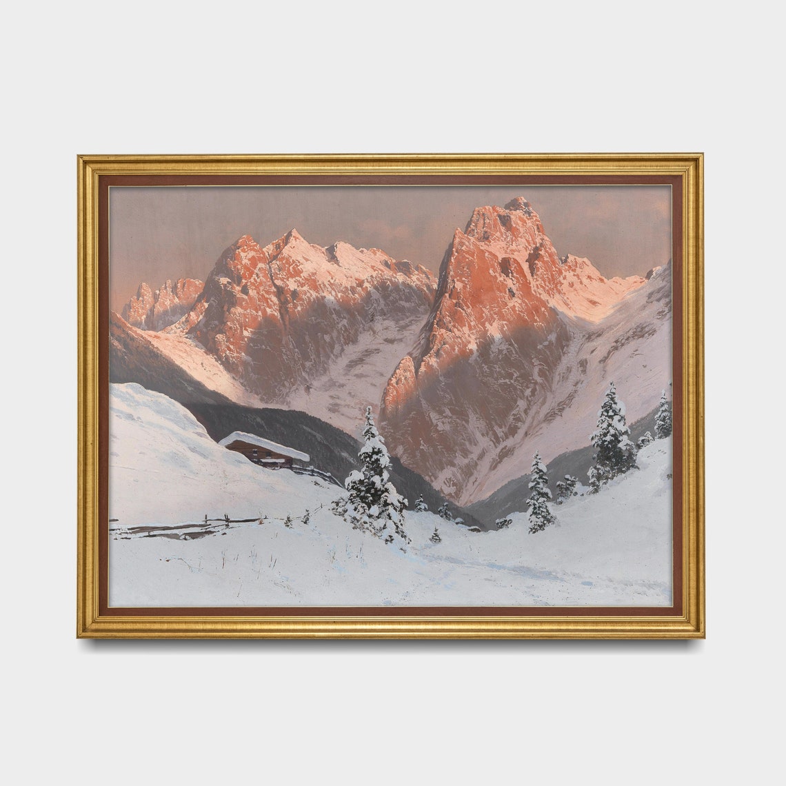 Alpenglow on Snowy Peaks With a Mountain Chalet Winter Poster - Image 3