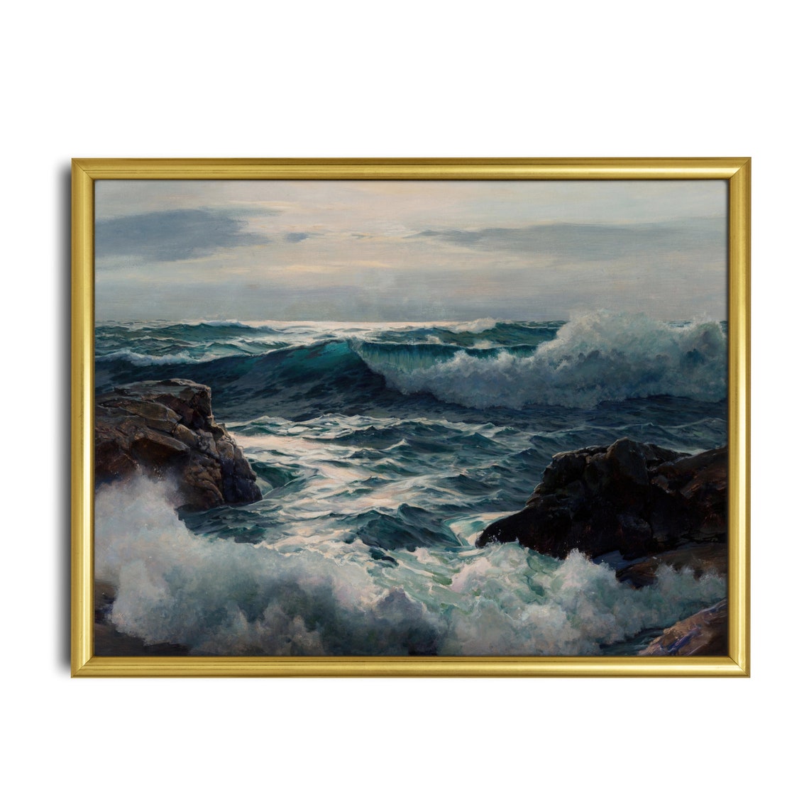 Crashing Ocean Waves on Rocks Dramatic Vintage Seascape Art Poster - Image 2