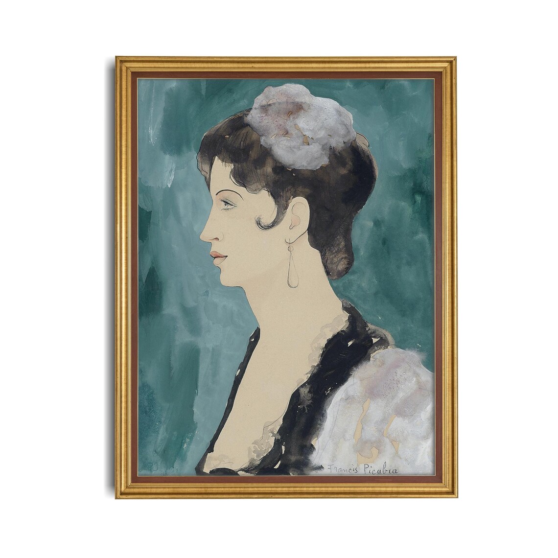 Francis Picabia Style Woman in Profile on Teal Portrait Poster - Image 4