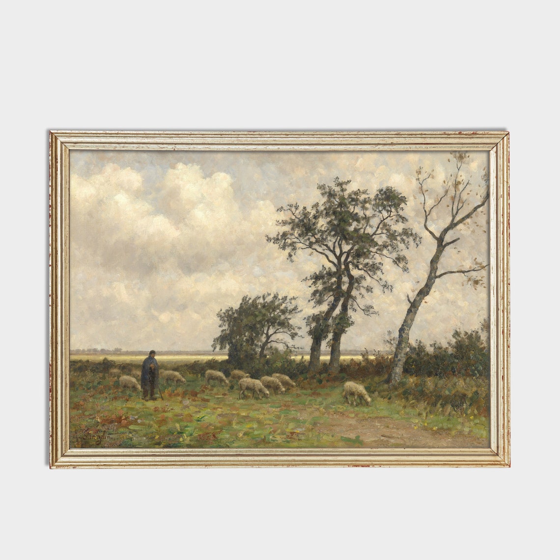 Shepherd With Grazing Sheep Under Cloudy Sky Pastoral Poster - Image 2