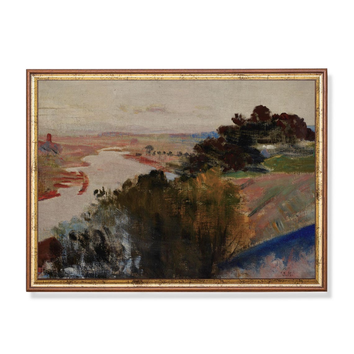 River at Dusk Impressionist Landscape Antique Oil Art Poster