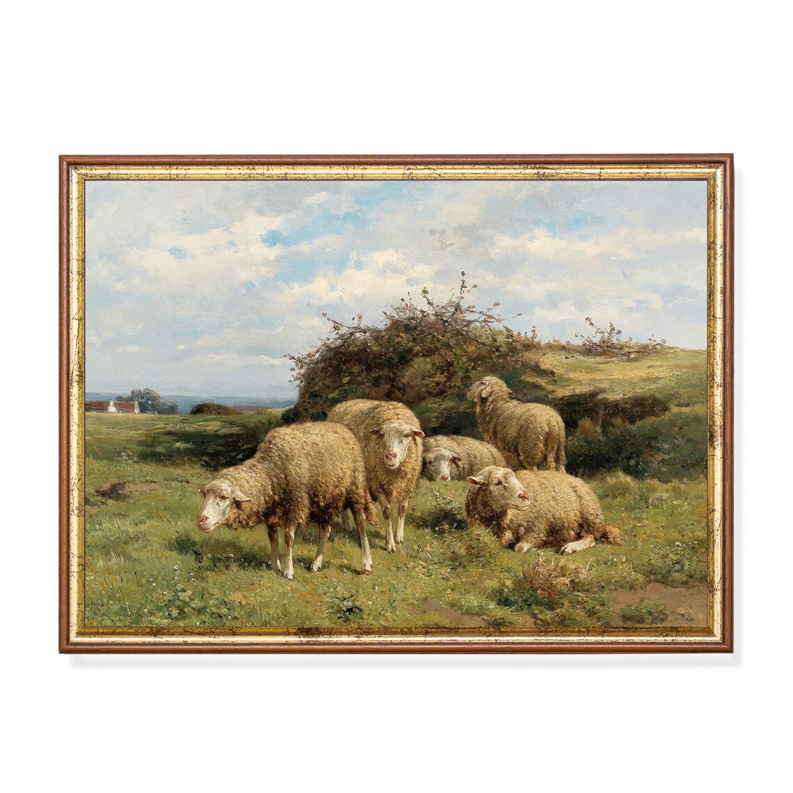 Vintage Sheep Painting, Rustic Country Landscape Art Print