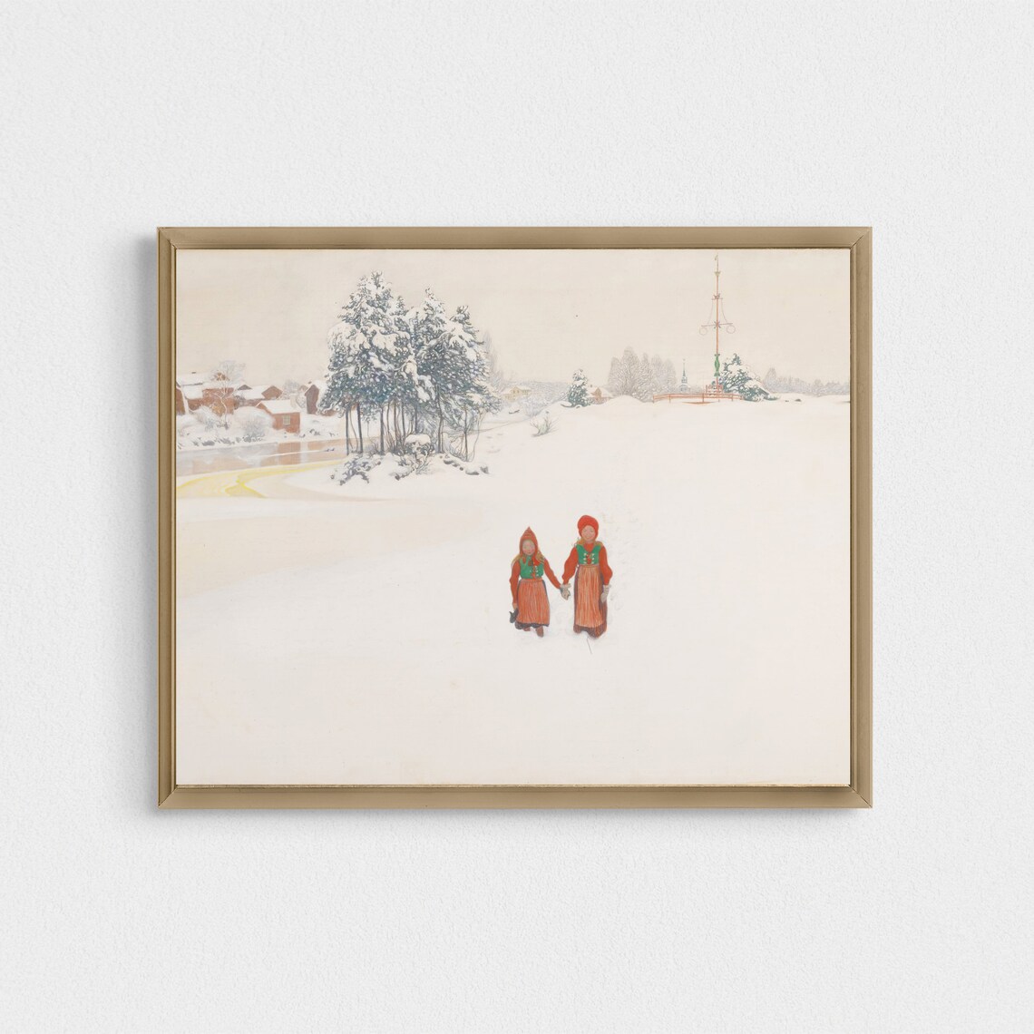 Two Children in Folk Dress Crossing a Snowy Village Winter Poster - Image 2