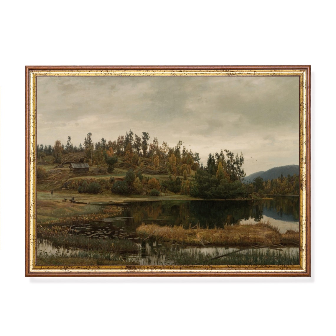 Autumn Lakeshore with Cabin Boat and Reflections Vintage Poster