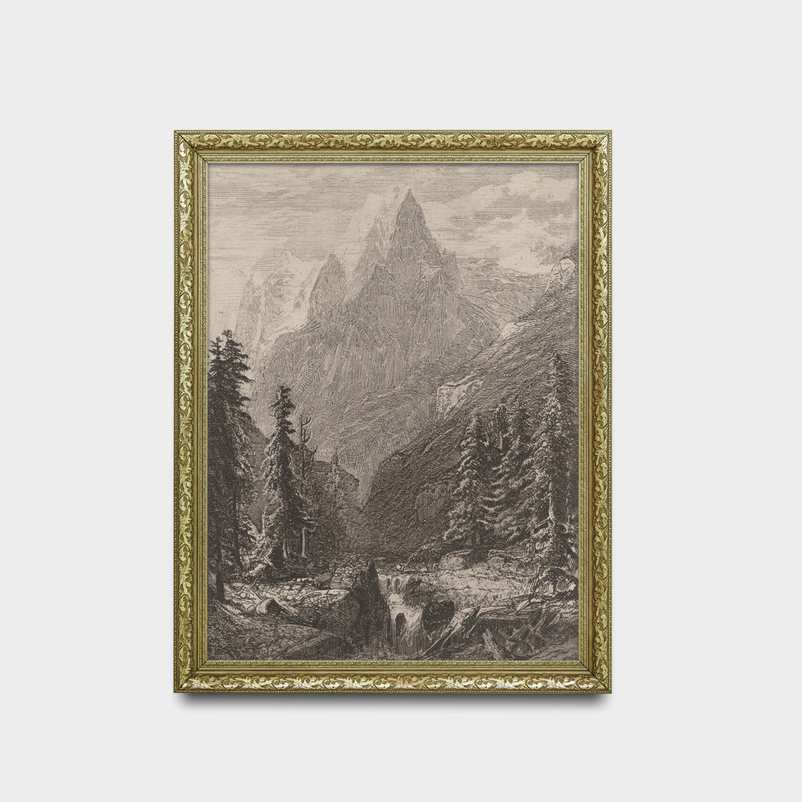 Vintage Sketch Drawing Antique Mountain Landscape Print Rustic Neutral Decor Wall Art Forest Drawing - Image 2