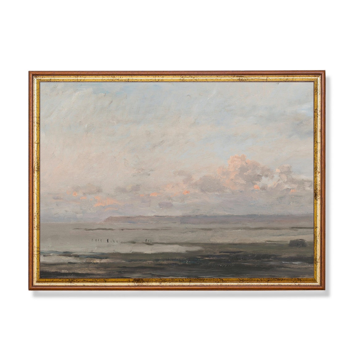 Misty Seascape with Pink Clouds and a Distant Ship Painting Poster