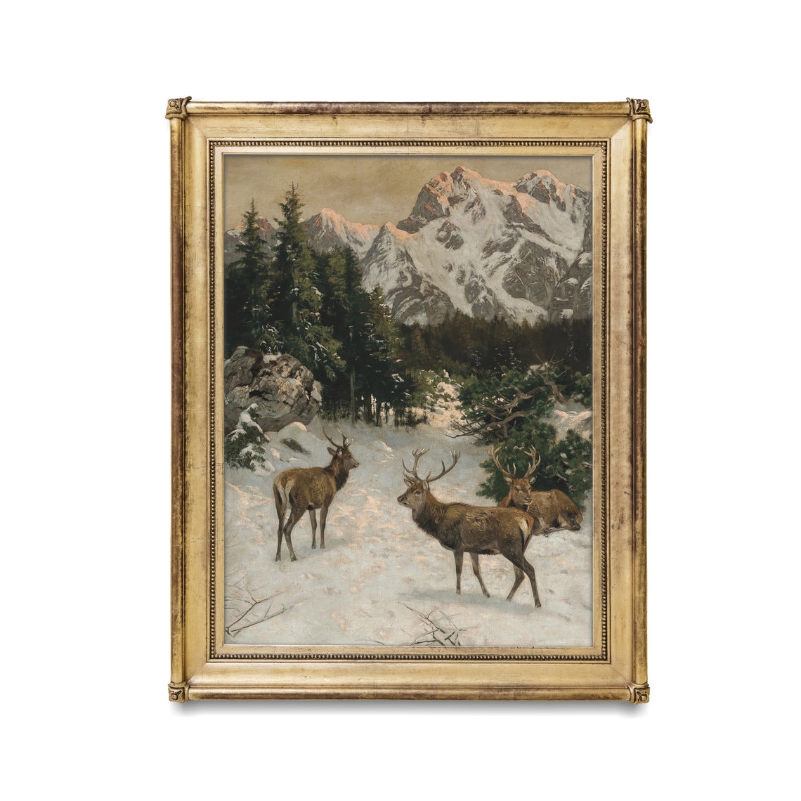 Three Red Deer in Snow Against Towering Snowy Peaks Wildlife Poster - Image 2