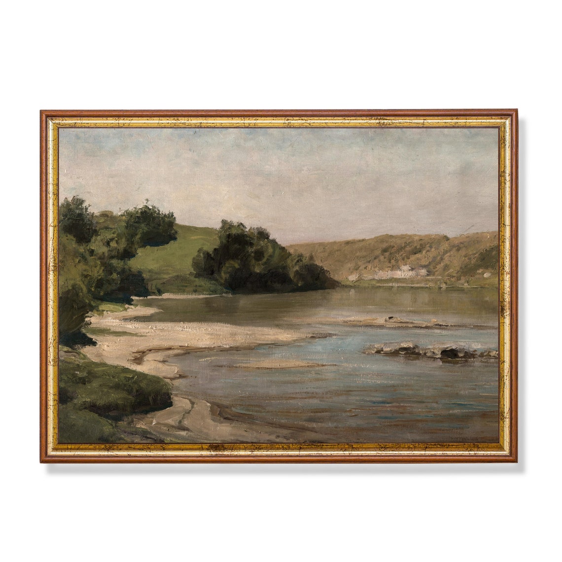 Serene Riverbank Oil Painting with Sandy Shore and Hills Poster