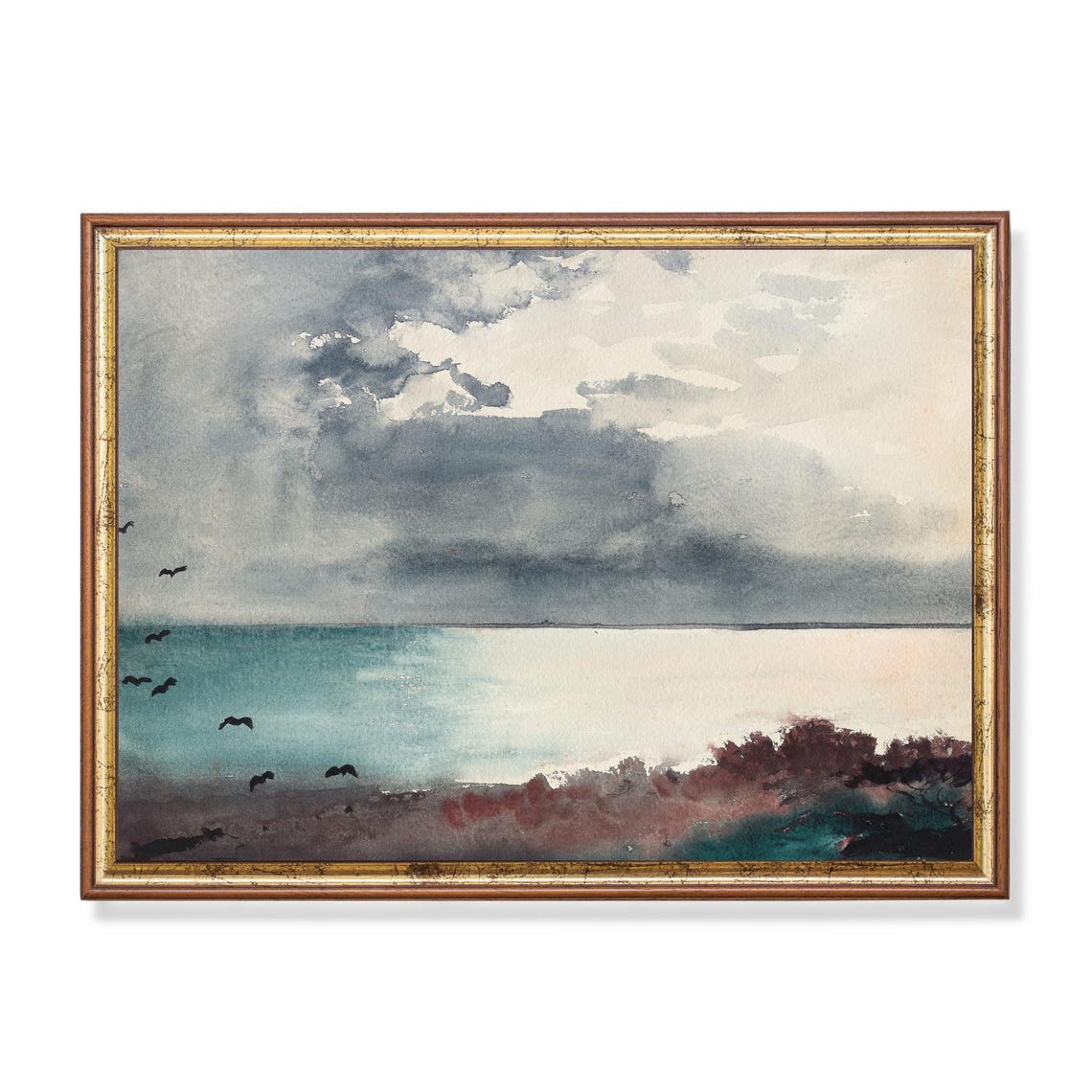 Teal Watercolor Seascape With Wheeling Birds and Clearing Sky Poster