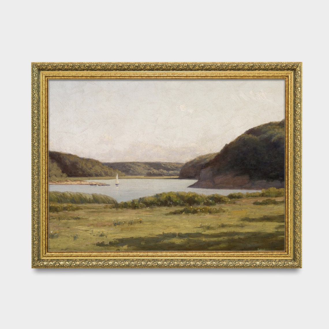 Sailboat on a Tranquil Lake Between Green Hills Landscape Poster - Image 3
