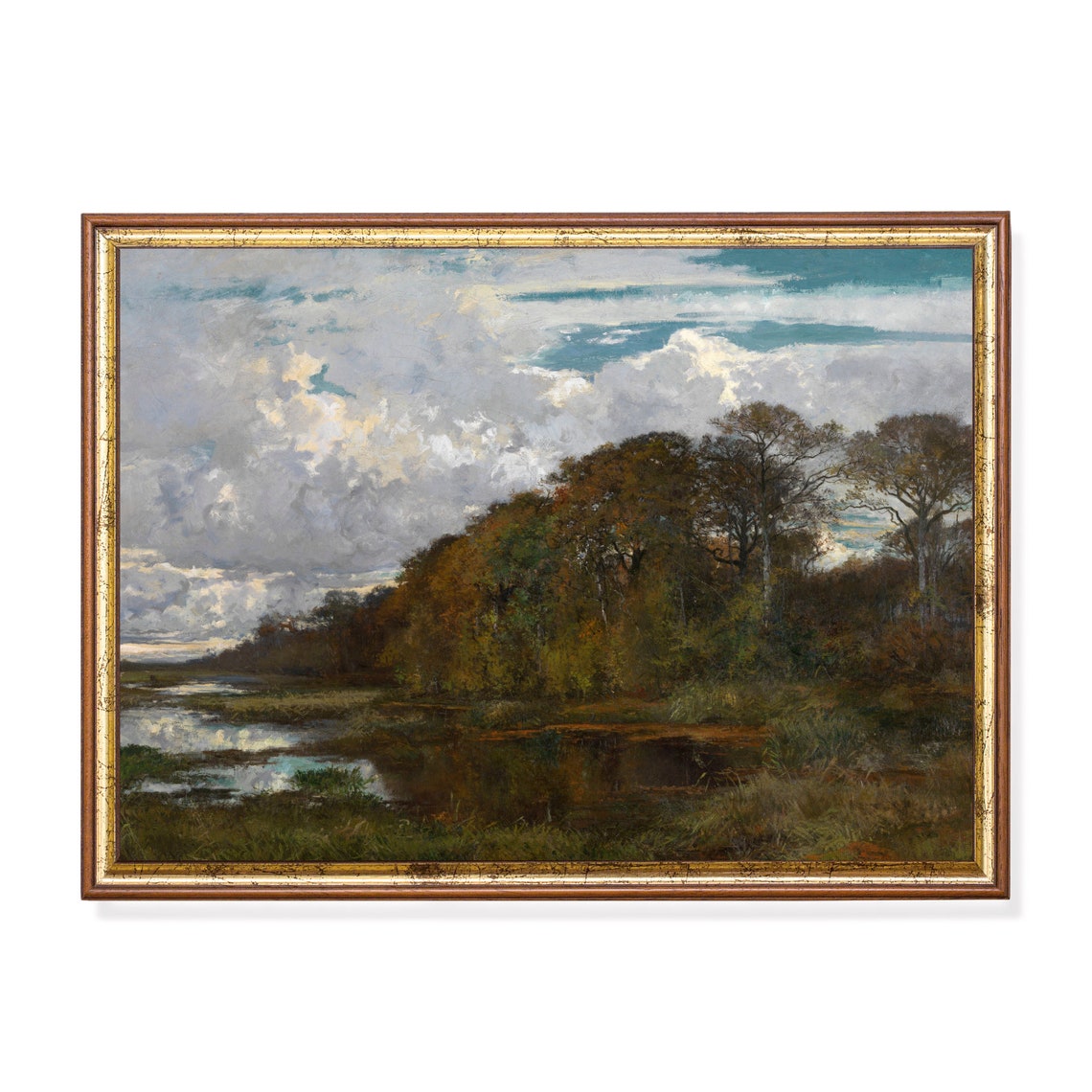 Marshy River Under Cloudy Sky Vintage Woodland Landscape Poster