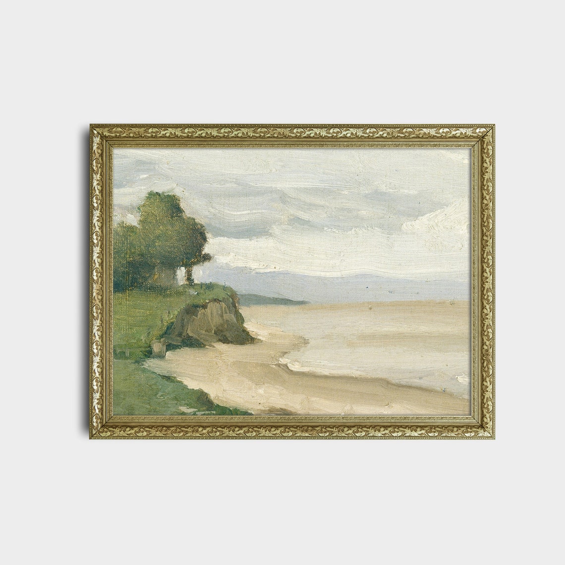 Pale Sandy Cove Beneath Grassy Rocky Cliff Vintage Seascape Poster - Image 2