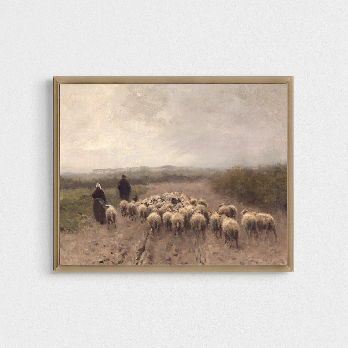 Shepherds Driving Flock of Sheep Down Country Road Painting Poster - Image 4