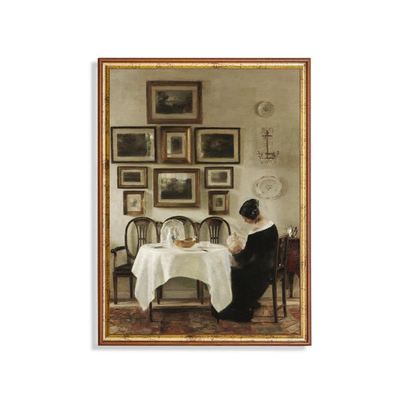 Printed And Shipped Vintage Portrait Painting Mother And Baby In A Living Room Danish Interior Moody Antique Print Nursery Decor