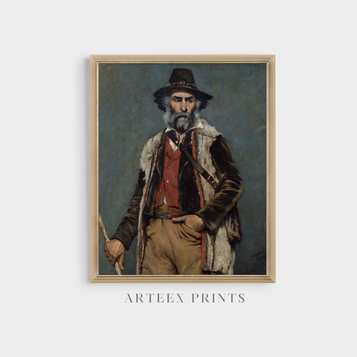 Bearded Traveller in a Hat with a Walking Staff Vintage Portrait Print - Image 5