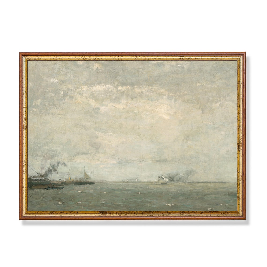 Gray Misty Harbor with Distant Steamships Muted Vintage Coastal Poster