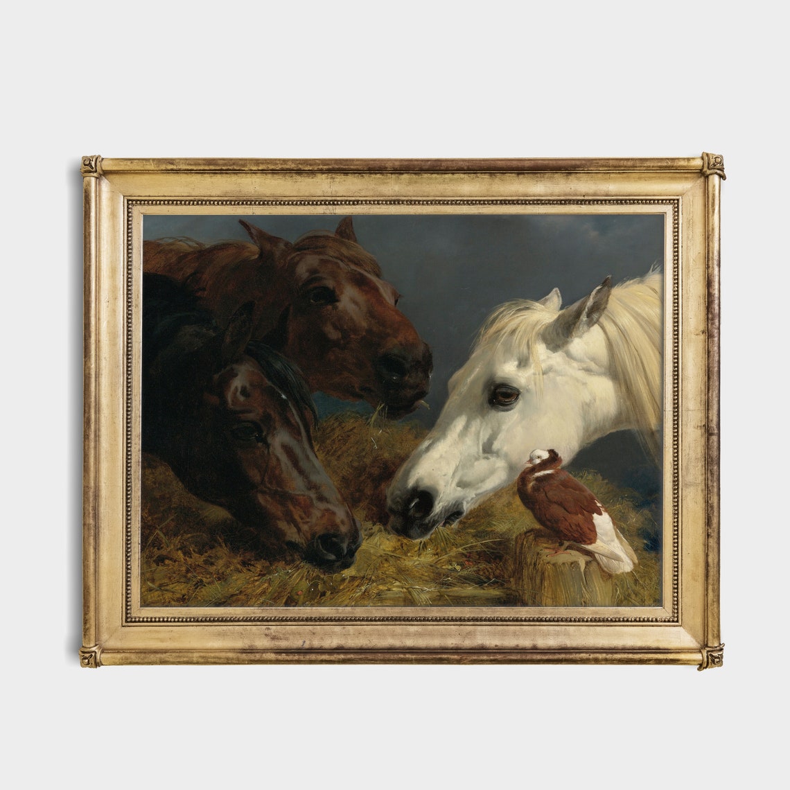 Three Horses and a Small Dove Sharing Hay Vintage Farmyard Poster - Image 2