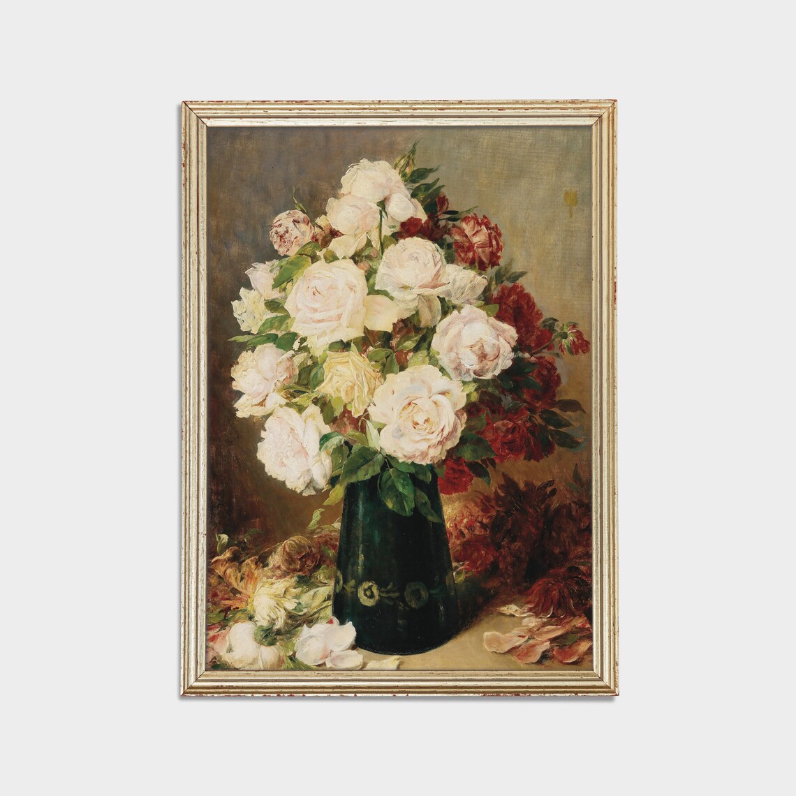 White and Red Roses in a Green Vase Floral Still Life Poster - Image 2