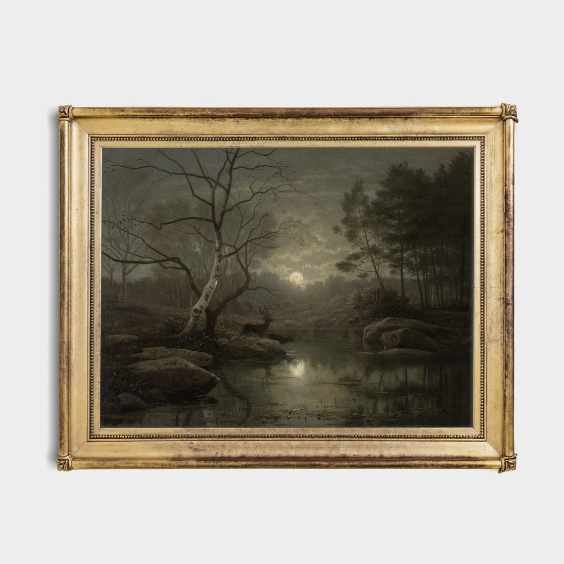 Moonlit Forest with Deer at Still Water Night Landscape Print - Image 4