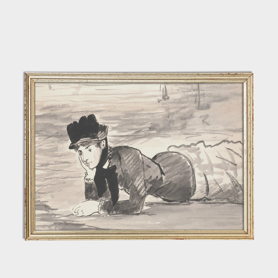 Elegant Woman in a Hat Reclining on a Beach Ink Wash Sketch Poster - Image 3