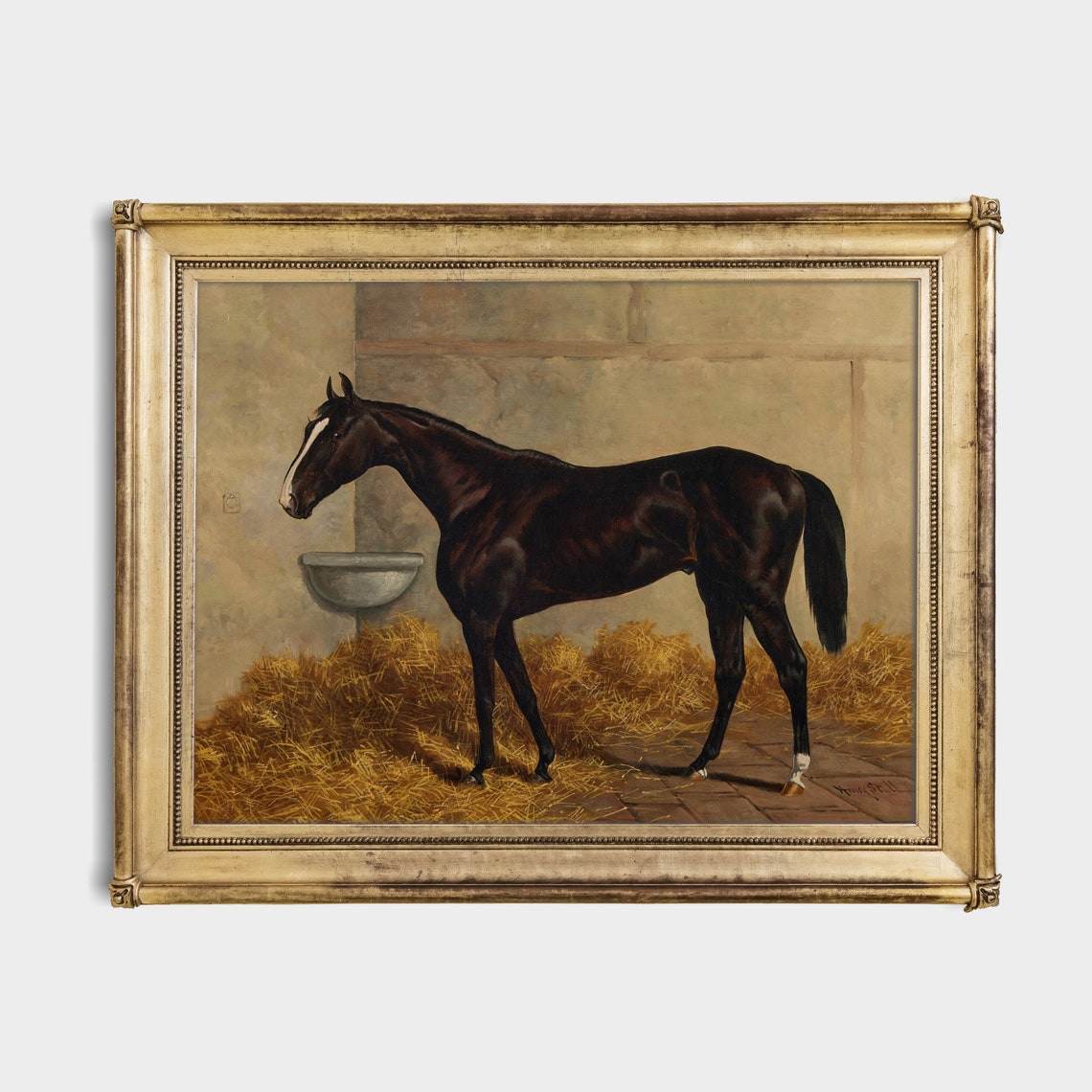 Dark Horse with White Blaze in Straw Stable Vintage Equestrian Poster - Image 2