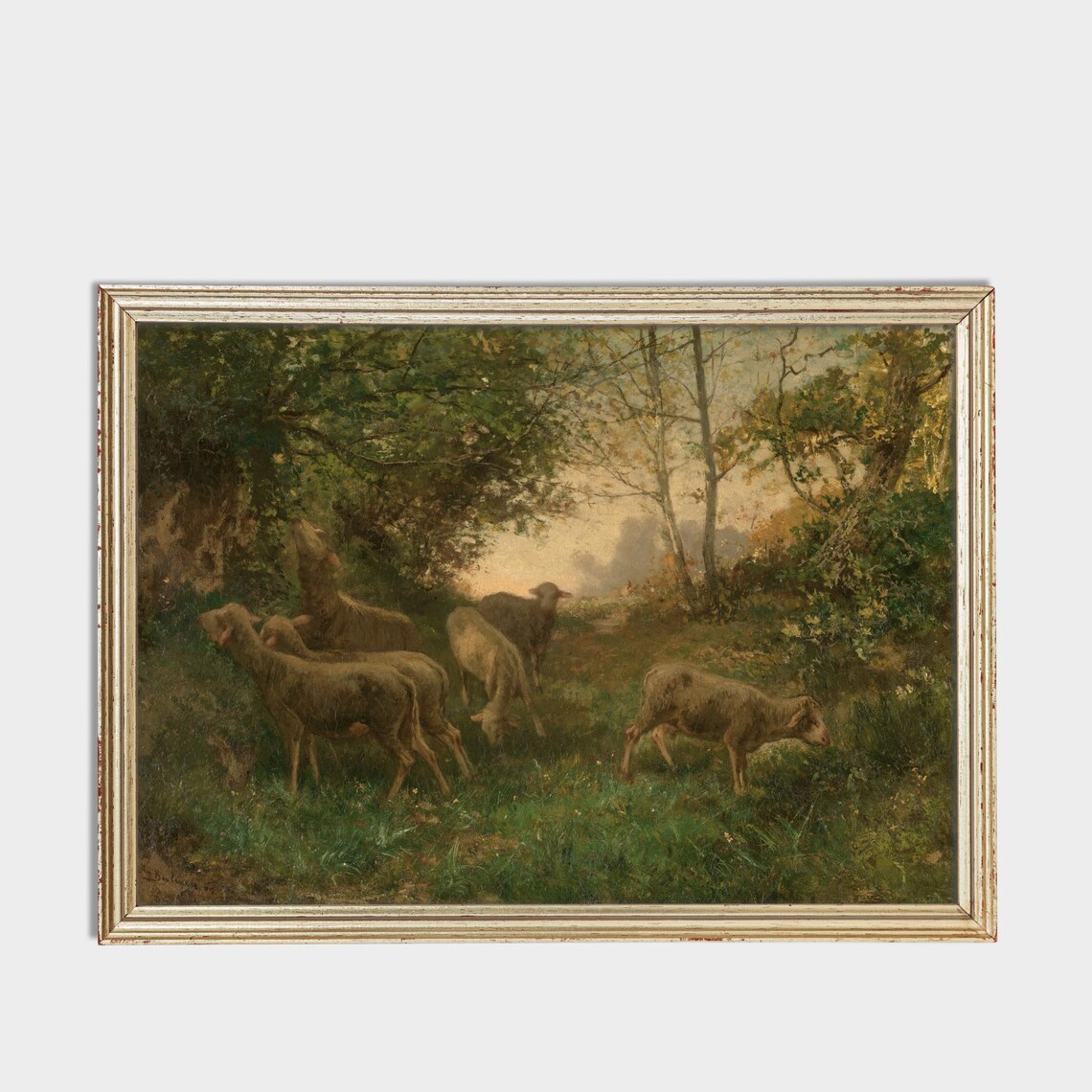Flock of Sheep Grazing in a Woodland Clearing Landscape Poster - Image 3