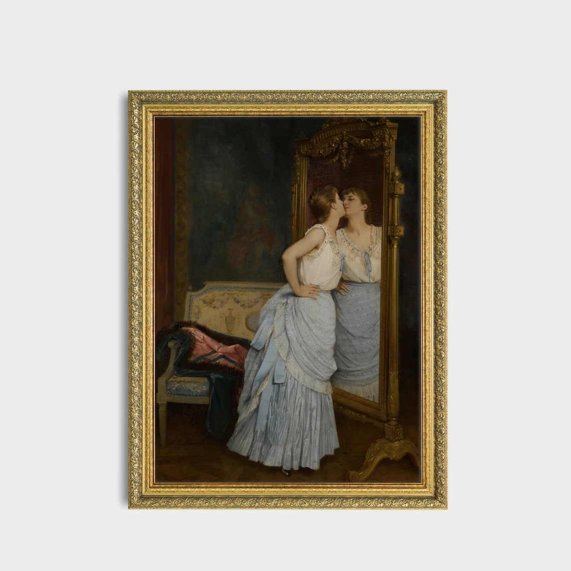 Woman In Blue Gown Admiring Herself In The Tall Cheval Mirror Poster - Image 3