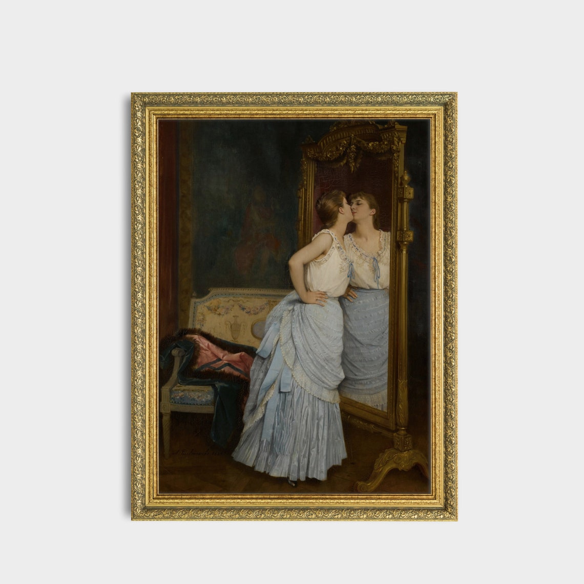Woman Kissing Her Own Reflection in an Ornate Victorian Mirror Poster - Image 3