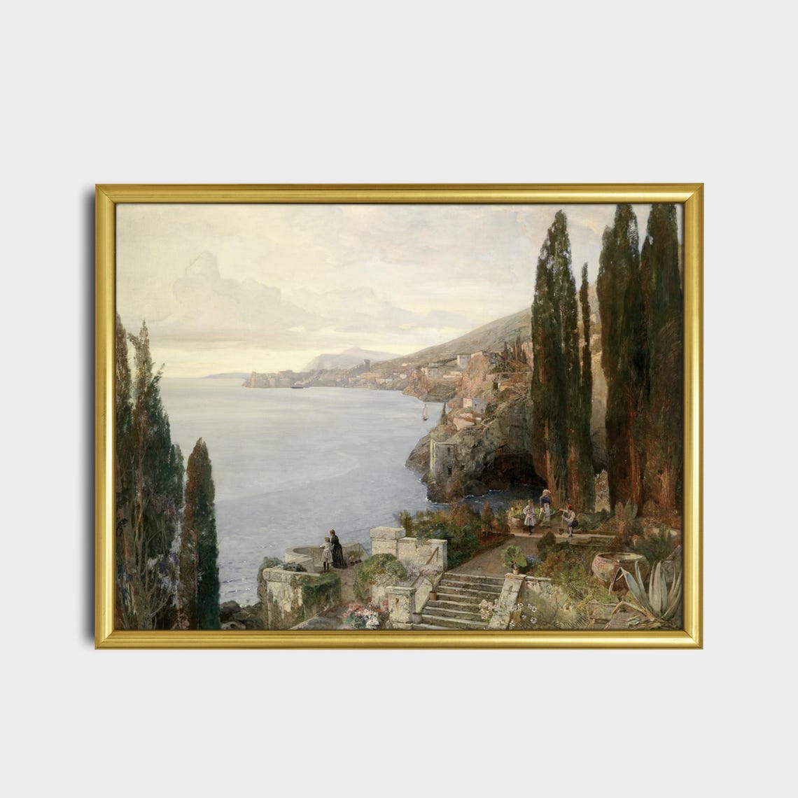 Antique Mediterranean Coastal Town With Cypress Trees Poster - Image 2